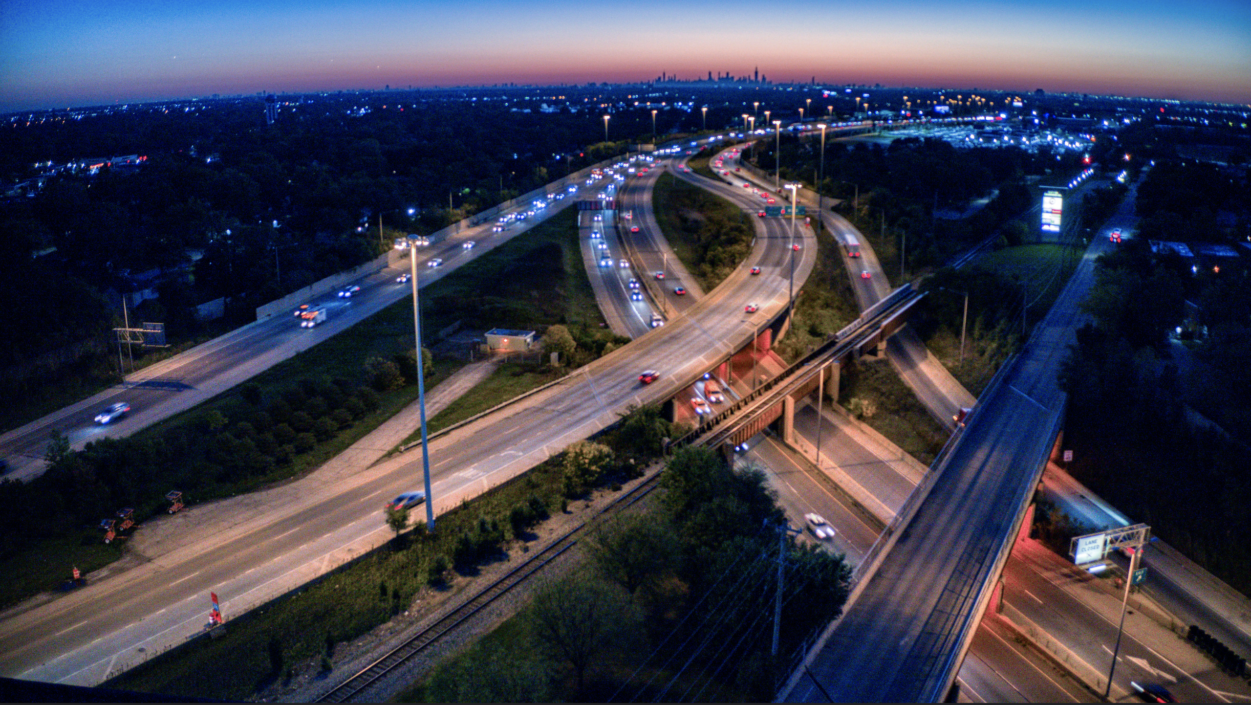 Aerial shot of a highway intersection of Illinois Tollway