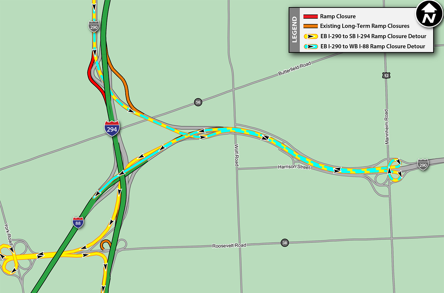 EB I-290 to SB I-294 and WB I-88 Detour