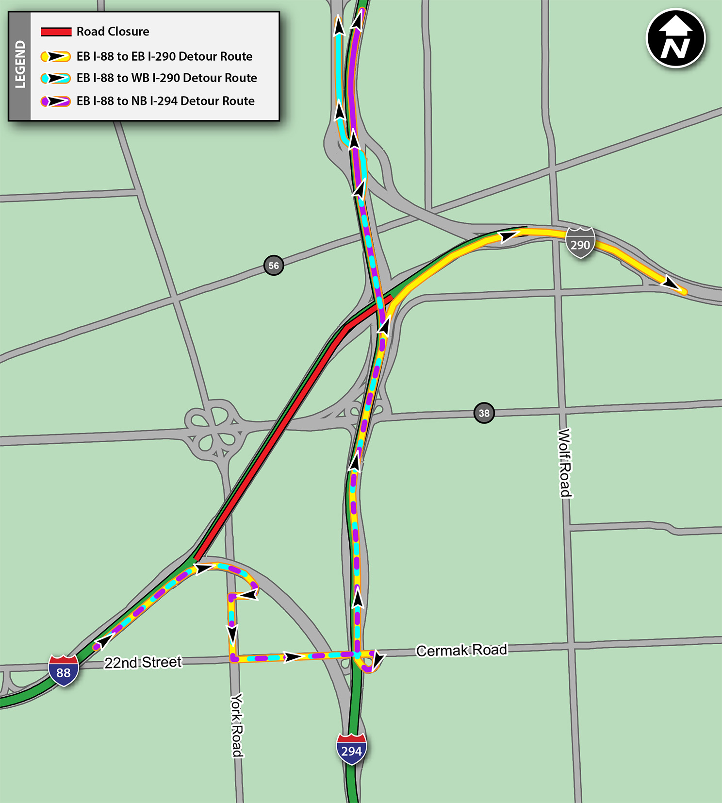 EB I-88 to NB I-294 and WB I-290 Detour