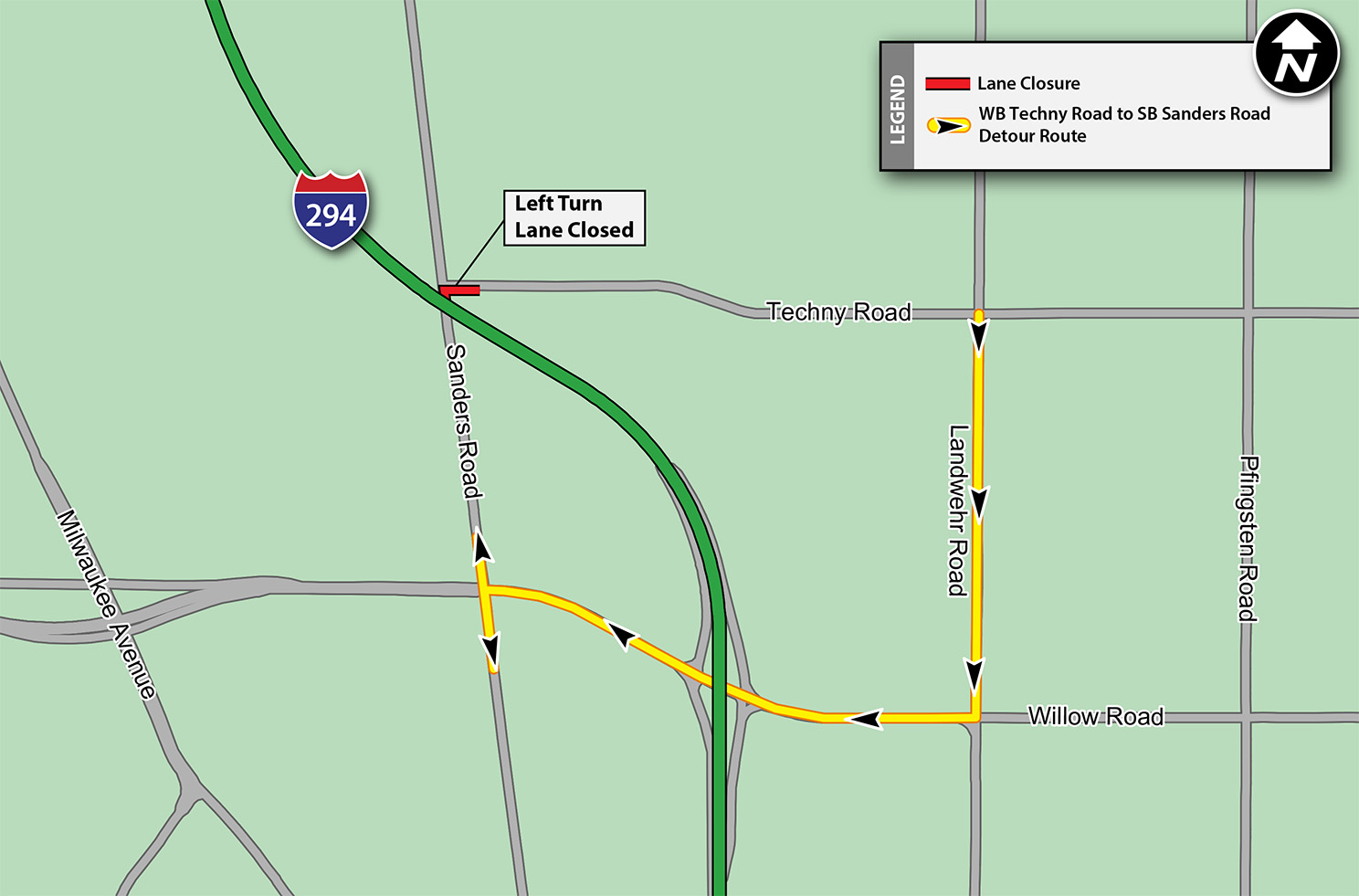WB Techny Road to SB Sanders Road Lane Closure Detour Map