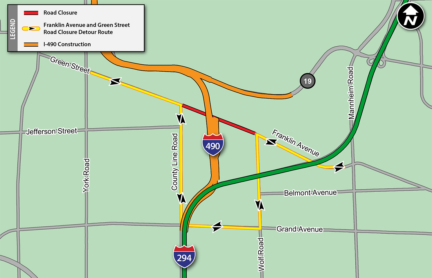 Franklin Avenue and Green Street Road Closure Detour Map