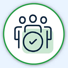 Organizational Excellence. Icon with three outlined figures with a check mark in front of them.