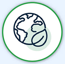 Sustainability: An earth icon encircled by a leaf.