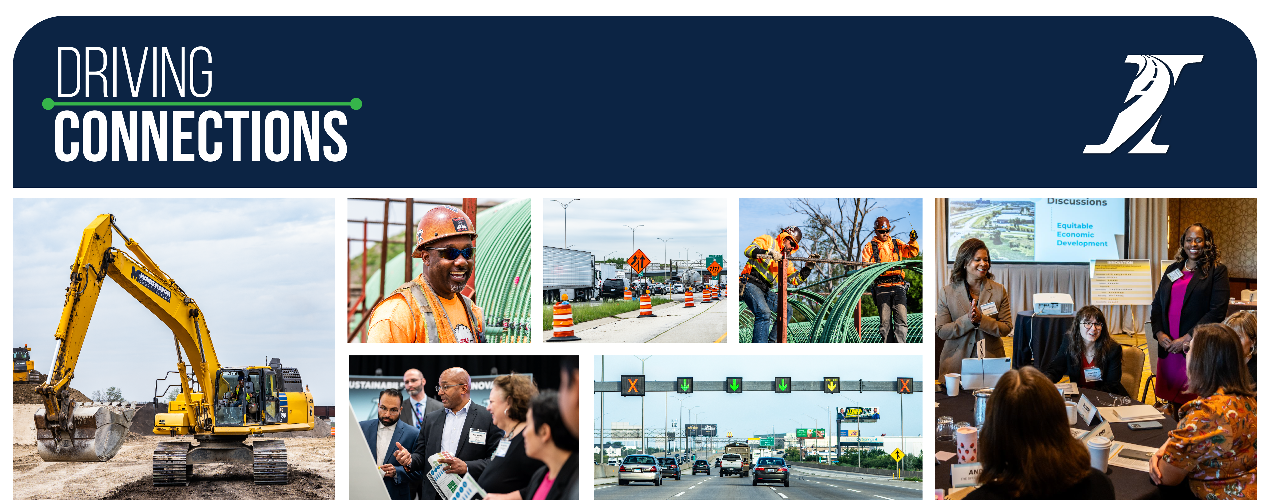 Illinois Tollway Driving Connections branded banner with photos of Illinois Tollway roadway, construction, workers and outreach meetings